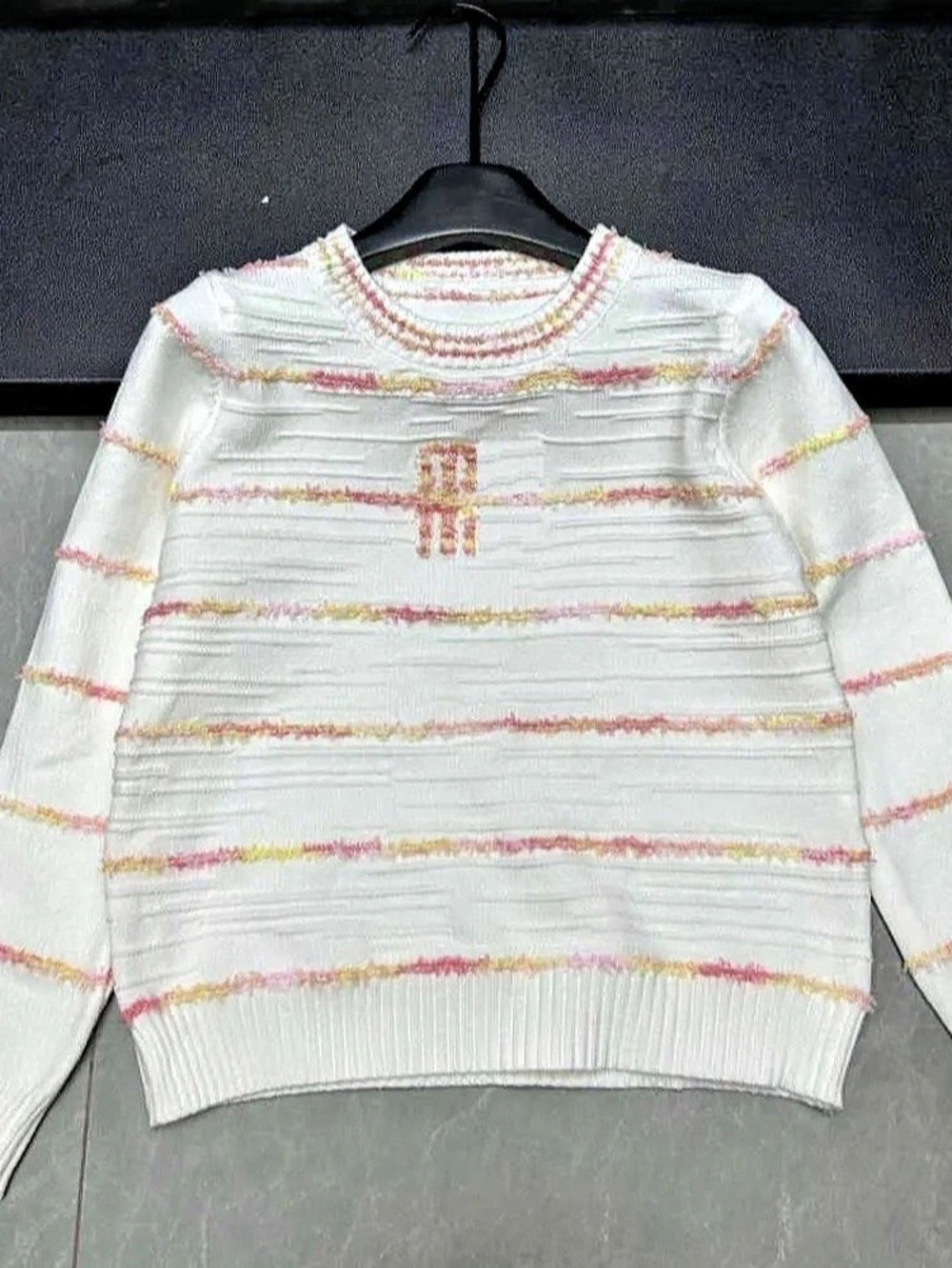 Striped Crewneck Sweater in White & Pink Like New Miu